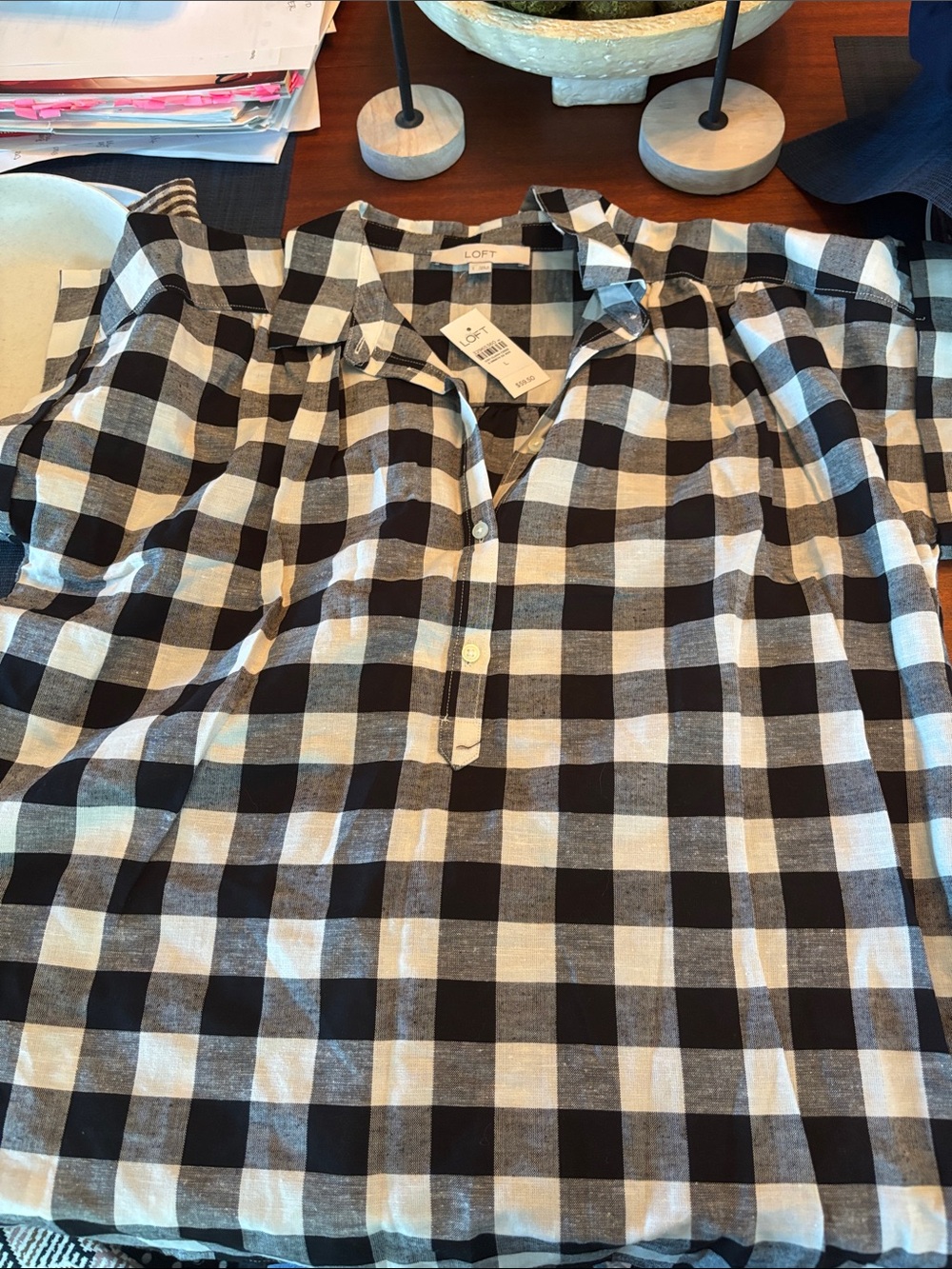 LOFT Black & White Gingham Short-Sleeve Button Front Shirt